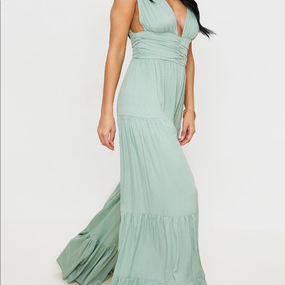 Sage Green Linen Look Plunge Tiered Wide Leg Jumpsuit